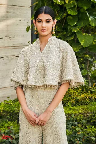 Light grey ila chikankari & mirror work cape with flared pants