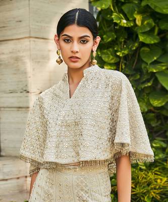 Light grey ila chikankari & mirror work cape with flared pants 5