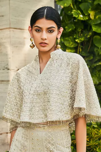 Light grey ila chikankari & mirror work cape with flared pants