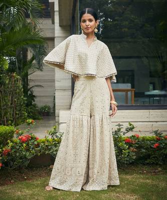 Beige venya chikankari & mirror work cape with sharara 1