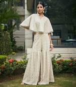 Beige venya chikankari & mirror work cape with sharara