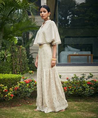 Beige venya chikankari & mirror work cape with sharara 2