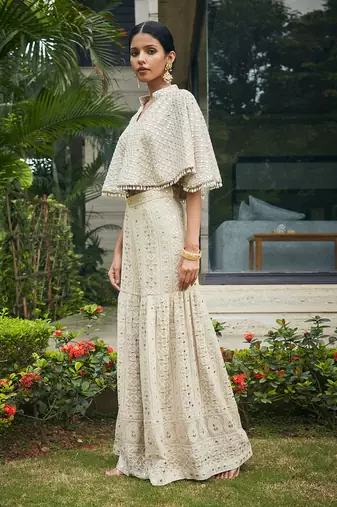 Beige venya chikankari & mirror work cape with sharara