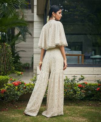 Beige venya chikankari & mirror work cape with sharara 3
