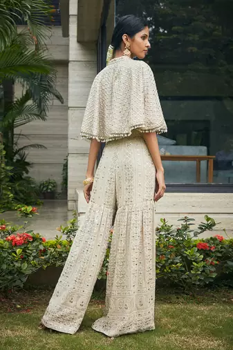 Beige venya chikankari & mirror work cape with sharara