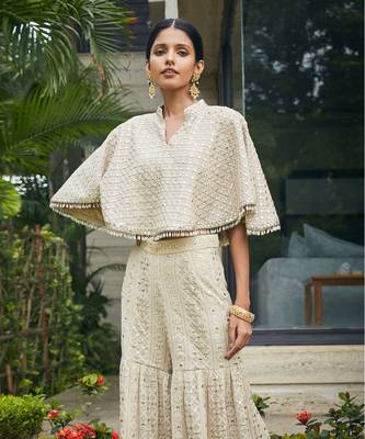 Beige venya chikankari & mirror work cape with sharara 4