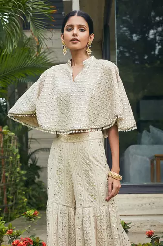 Beige venya chikankari & mirror work cape with sharara