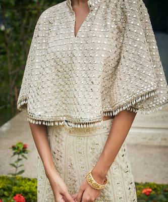 Beige venya chikankari & mirror work cape with sharara 5