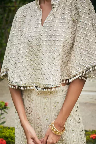 Beige venya chikankari & mirror work cape with sharara