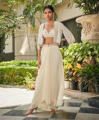 Off white artika mirror work & chikankari skirt set 1