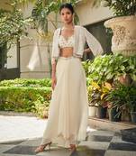 Off white artika mirror work & chikankari skirt set