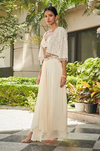 Off white artika mirror work & chikankari skirt set