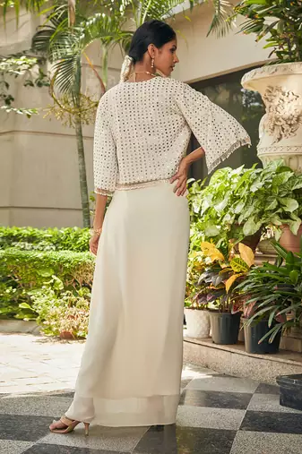 Off white artika mirror work & chikankari skirt set