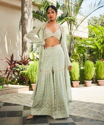 Pastel green ruhi mirror work & chikankari sharara set 1