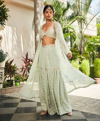 Pastel green ruhi mirror work & chikankari sharara set 5