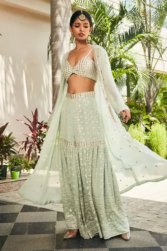 Pastel green ruhi mirror work & chikankari sharara set