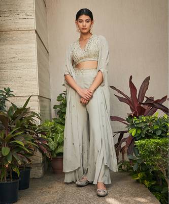 Light mint grey aayla mirror work & chikankari cape set 1