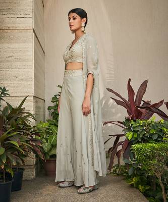 Light mint grey aayla mirror work & chikankari cape set 2