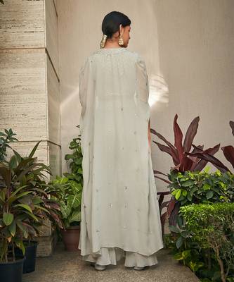 Light mint grey aayla mirror work & chikankari cape set 3