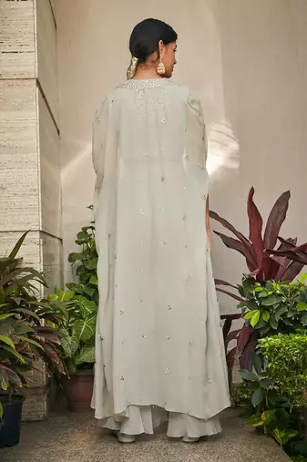 Light mint grey aayla mirror work & chikankari cape set