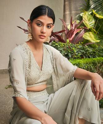 Light mint grey aayla mirror work & chikankari cape set 4