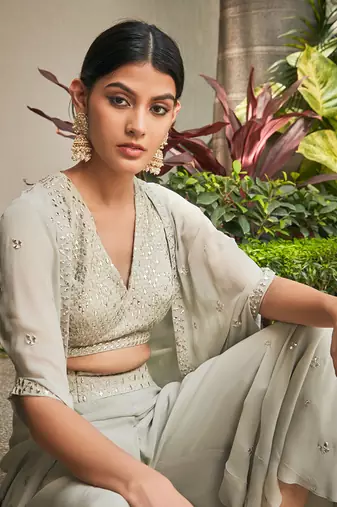 Light mint grey aayla mirror work & chikankari cape set