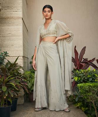 Light mint grey aayla mirror work & chikankari cape set 5