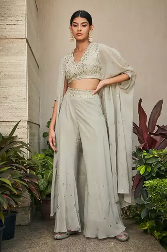 Light mint grey aayla mirror work & chikankari cape set