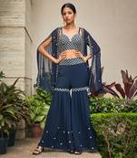 Navy blue iha chikankari embroidered sharara set