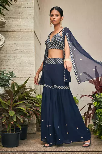 Navy blue iha chikankari embroidered sharara set