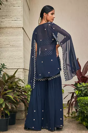 Navy blue iha chikankari embroidered sharara set