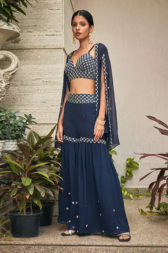 Navy blue iha chikankari embroidered sharara set