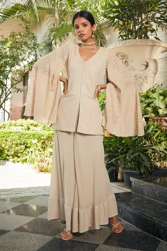 Beige raga embroidered chikankari tunic set
