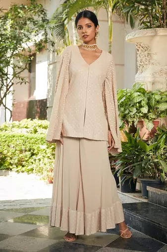 Beige raga embroidered chikankari tunic set