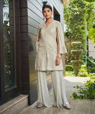 Light grey cahaya mirror work tunic set 1