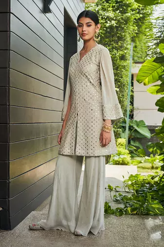 Light grey cahaya mirror work tunic set