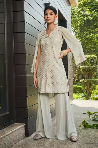 Light grey cahaya mirror work tunic set