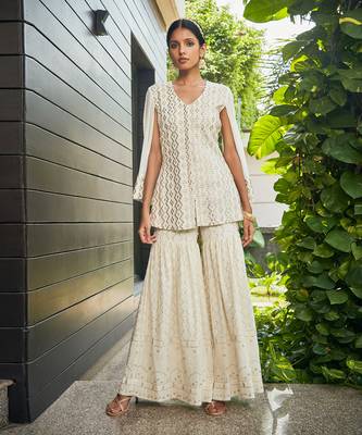 Off white miah mirror work & chikankari sharara set 1