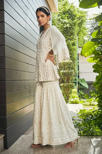 Off white miah mirror work & chikankari sharara set