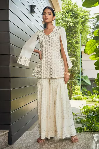 Off white miah mirror work & chikankari sharara set