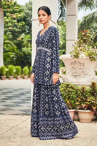 Navy blue nyra mirror work & chikankari sharara set