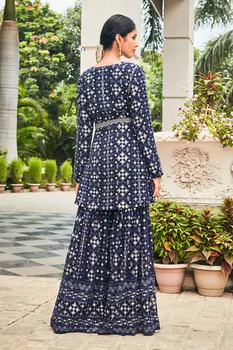 Navy blue nyra mirror work & chikankari sharara set