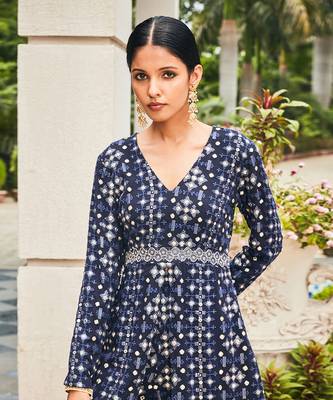 Navy blue nyra mirror work & chikankari sharara set 4