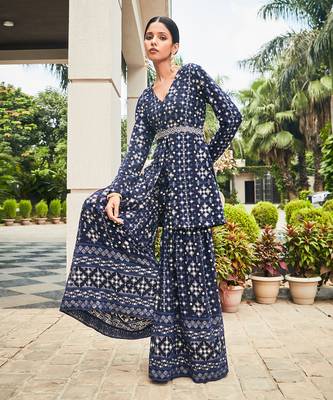 Navy blue nyra mirror work & chikankari sharara set 5
