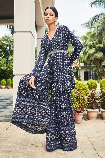 Navy blue nyra mirror work & chikankari sharara set
