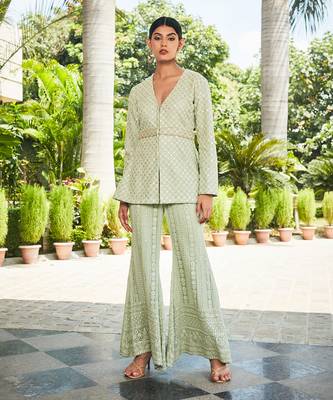 Pastel green rania mirror work & chikankari tunic set 1