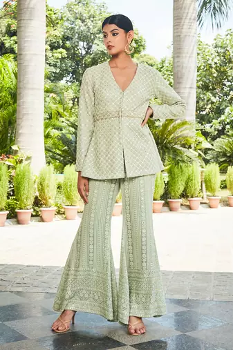 Pastel green rania mirror work & chikankari tunic set