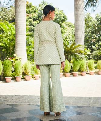 Pastel green rania mirror work & chikankari tunic set 3