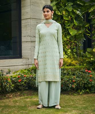 Pastel green rohana mirror work & chikankari embroidered kurta set 1