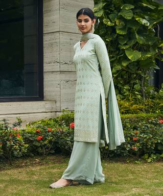 Pastel green rohana mirror work & chikankari embroidered kurta set 2